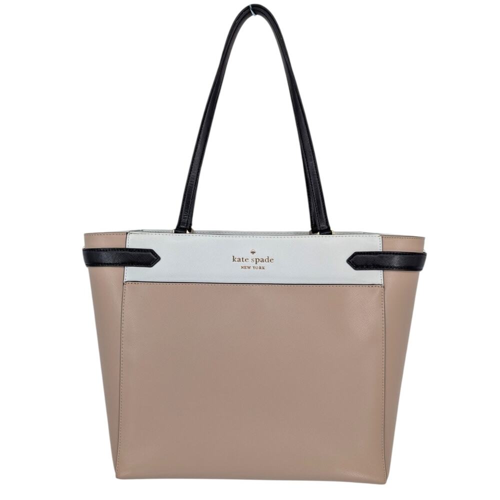 Kate Spade Staci Saffiano Leather Tote Beige Black Work Bag Large